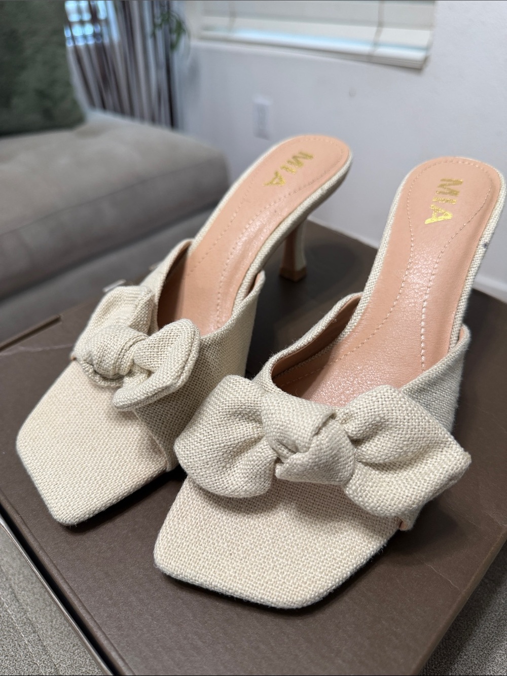 MIA Beige Bow Square-Toe Mid Heel Mules